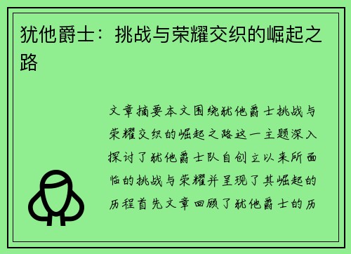 犹他爵士：挑战与荣耀交织的崛起之路