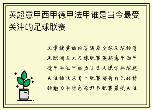 英超意甲西甲德甲法甲谁是当今最受关注的足球联赛